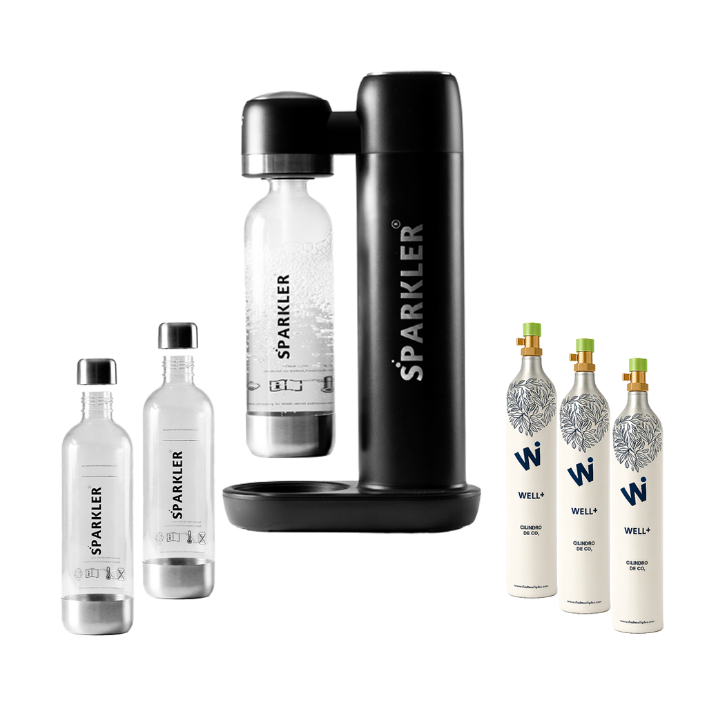 Paquete de Sparkler 3 - Gasificador de Agua, 3 cilindros de CO2 y 2 Botellas Well+