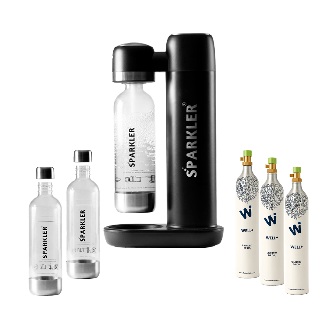 Paquete de Sparkler 3 - Gasificador de Agua, 3 cilindros de CO2 y 2 Botellas Well+